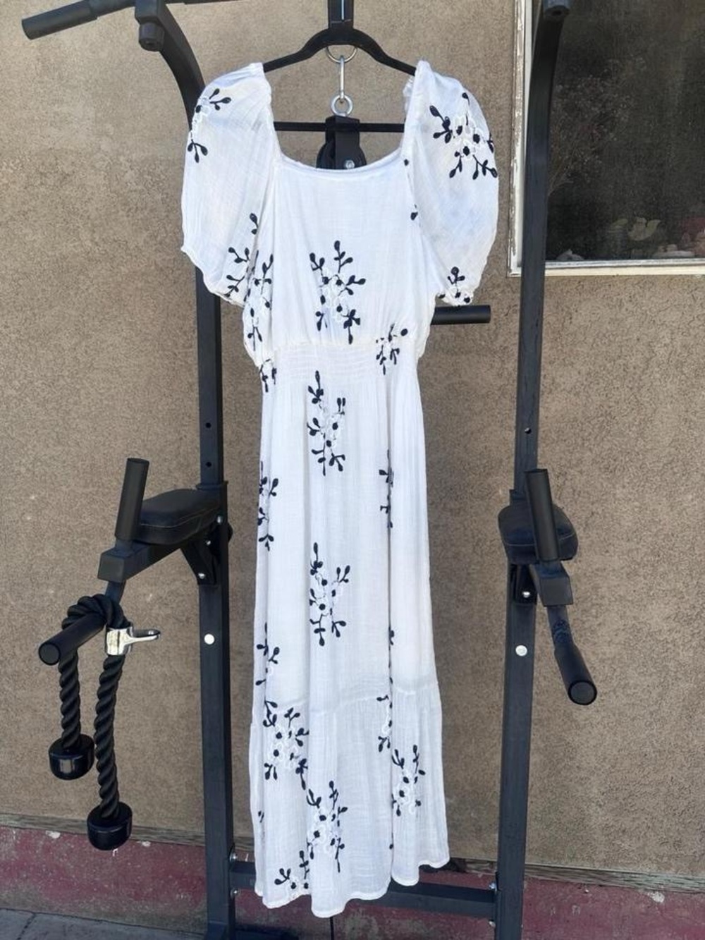 White Embroidered Puff-Sleeve Maxi Dress with Black Floral Motif